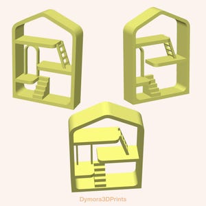 May include: Three yellow miniature house models with interior platforms, stairs, and ladders. The structures are open-faced, showcasing the internal design. The text "Dymora3DPrints" is visible at the bottom of the image.