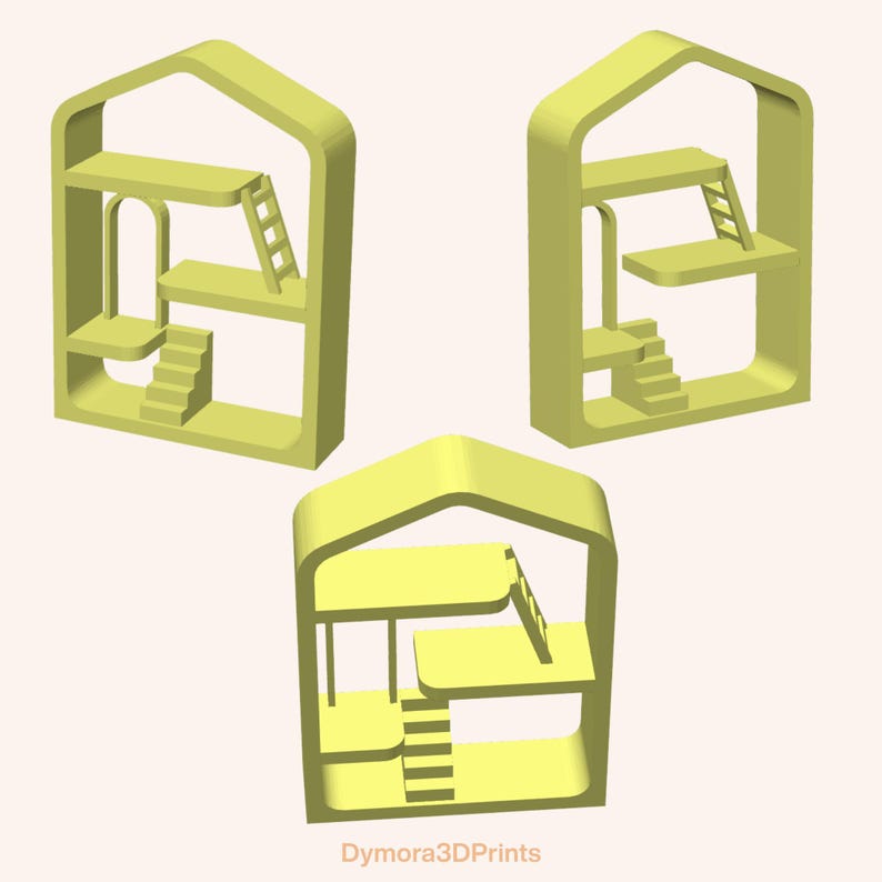 May include: Three yellow miniature house models with interior platforms, stairs, and ladders. The structures are open-faced, showcasing the internal design. The text "Dymora3DPrints" is visible at the bottom of the image.