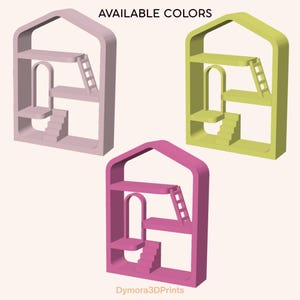 May include: Three miniature house-shaped shelves in different colors: light pink, lime green, and magenta. Each shelf has a ladder, stairs, and multiple levels. The text "AVAILABLE COLORS" is at the top.