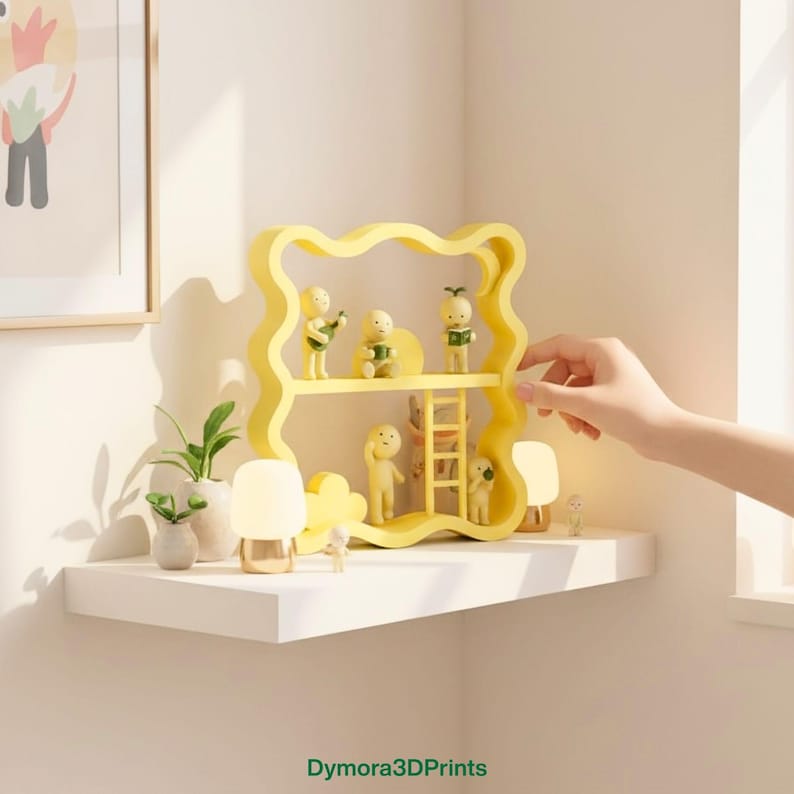 May include: A yellow, wavy-edged shelf unit with two levels, holding small figurines and a miniature ladder. The shelf is on a white wall-mounted shelf, with a small lamp and potted plants. The image includes the text "Dymora3DPrints".