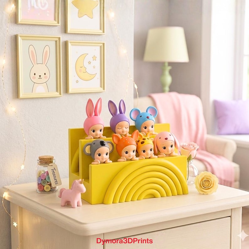 K&ouml;nnte beinhalten: Ein gelbes, mehrstufiges Display mit Figuren von Babys, die Tier- und Hasenm&uuml;tzen tragen. Ein rosa Einhorn und ein Glas mit Kn&ouml;pfen stehen auf dem Tisch. An der Wand befinden sich gerahmte Bilder eines Hasen, eines Sterns und eines Mondes.