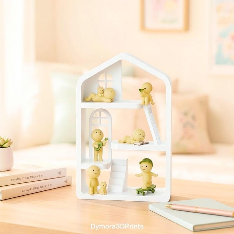 May include: A white, multi-tiered shelf unit shaped like a house, populated with small yellow figures. One figure plays a guitar, another reads, and one rides a skateboard. The shelf sits on a wooden surface with books and a notebook.