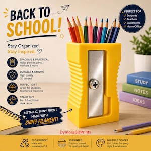 May include: A bright yellow pencil holder shaped like a pencil sharpener with a metallic silver front plate and a central screw. It is filled with various colored pencils. The image includes text such as BACK TO SCHOOL, Stay Organized, and Stay Inspired.