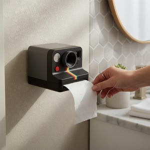 Puede incluir: Un portarrollos de papel higiénico negro y gris diseñado para parecerse a una cámara instantánea vintage. Cuenta con una franja de arcoíris, un botón rojo y una lente plateada. El soporte está montado en una pared clara, con papel higiénico blanco.
