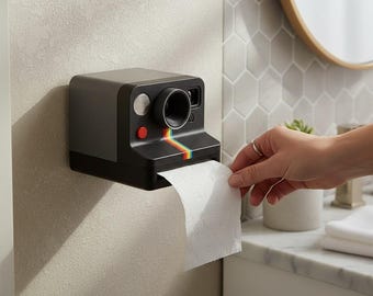 May include: A black and gray toilet paper holder designed to resemble a vintage instant camera. It features a rainbow stripe, a red button, and a silver-colored lens. The holder is mounted on a light-colored wall, with a roll of white toilet paper being pulled from the dispenser.