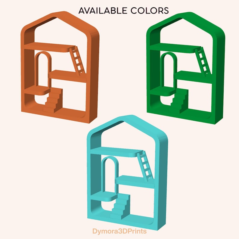 May include: Three 3D-printed miniature house-shaped shelves in orange, green, and blue. Each shelf has a staircase, ladder, and arched doorway. The text "AVAILABLE COLORS" is at the top. The text "Dymora3DPrints" is at the bottom.