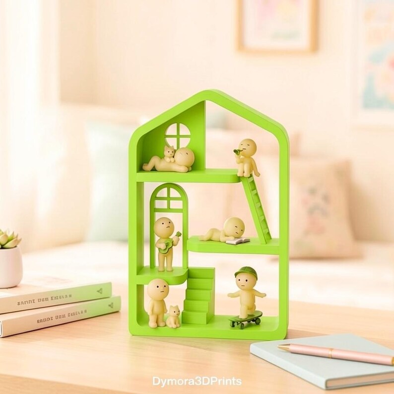 May include: A lime green house-shaped shelf with several levels, each holding small, cream-coloured figurines in different poses. Some figurines are reading, playing instruments, or skateboarding. The shelf has window and door cutouts.