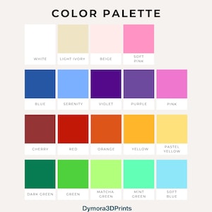 Op de afbeelding: Een kleurenpalet met een verscheidenheid aan tinten, waaronder wit, licht ivoor, beige, zachtroze, blauw, sereniteit, violet, paars, roze, kers, rood, oranje, geel, pastelgeel, donkergroen, groen, matcha groen, mintgroen en zachtblauw. De tekst "COLOR PALETTE" staat bovenaan.
