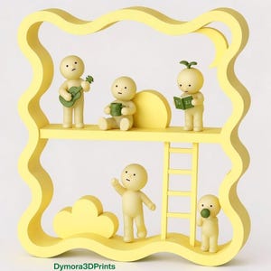 May include: A whimsical yellow shelf unit with a wavy frame, holding miniature figures. One figure plays a green guitar, another holds a mug, and a third reads a book. A cloud and ladder are also present. The text "Dymora3DPrints" is at the bottom.