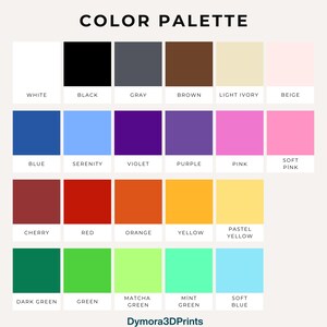 K&ouml;nnte beinhalten: Eine Farbpalette mit einer Vielzahl von Farben, darunter Wei&szlig;, Schwarz, Grau, Braun und Beige. Die Palette zeigt auch Farbt&ouml;ne von Blau, Lila, Rosa, Rot, Orange, Gelb und Gr&uuml;n. Textbeschriftungen identifizieren jede Farbe. Der Text "COLOR PALETTE" steht oben.
