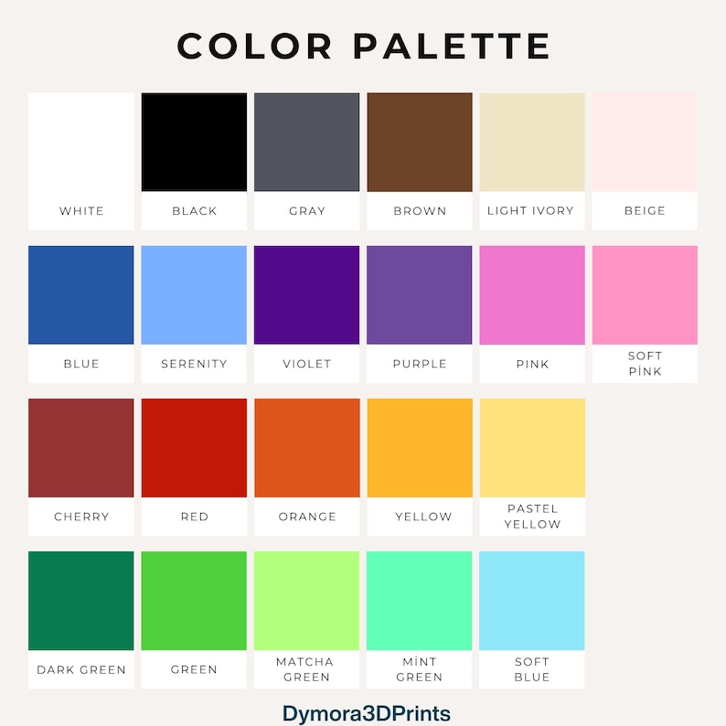 K&ouml;nnte beinhalten: Eine Farbpalette mit einer Vielzahl von Farben, darunter Wei&szlig;, Schwarz, Grau, Braun und Beige. Die Palette zeigt auch Farbt&ouml;ne von Blau, Lila, Rosa, Rot, Orange, Gelb und Gr&uuml;n. Textbeschriftungen identifizieren jede Farbe. Der Text "COLOR PALETTE" steht oben.