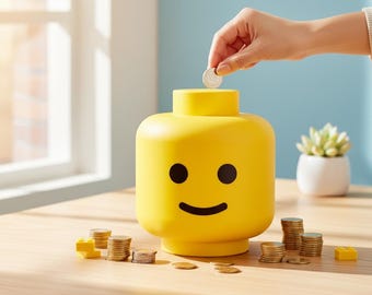 May include: A bright yellow piggy bank shaped like a Lego head with a smiling face. A hand is dropping a coin into the slot on top. Several stacks of coins and Lego bricks are on the wooden surface.