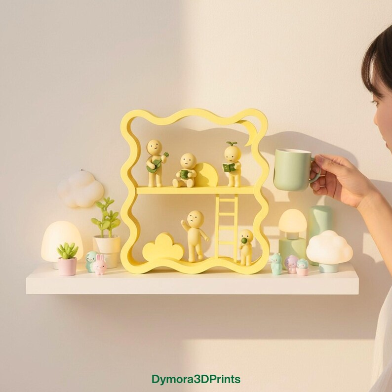 May include: A yellow decorative shelf with a bear-shaped design, holding small figurines and miniature plants. The shelf is mounted on a white wall, with a variety of decorative lights and a person holding a green mug. The text "Dymora3DPrints" is at the bottom.