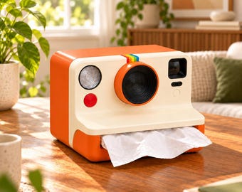 Puede incluir: Un dispensador de pañuelos rectangular diseñado para parecerse a una cámara instantánea vintage. El exterior es naranja y crema con una lente negra, un botón rojo circular, un flash plateado y una pequeña franja de arcoíris.