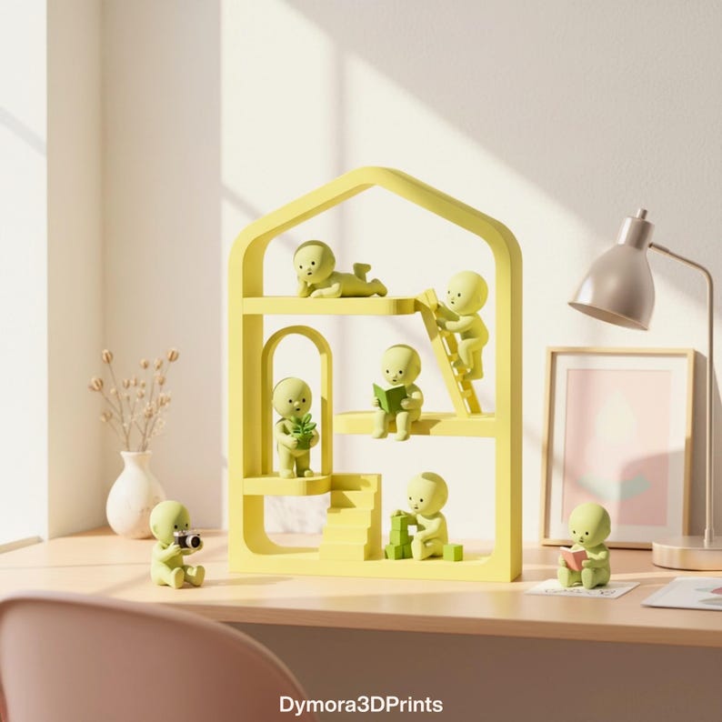 May include: A yellow decorative shelf unit with multiple levels, housing small, light green figurines in various poses. One figurine holds a camera, another reads a book, and others interact with blocks and a ladder. The text "Dymora3DPrints" is at the bottom.