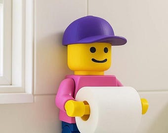 Block Figure Toilet Paper Holder with Baseball Cap | 3D Printed Kids Bathroom Decor