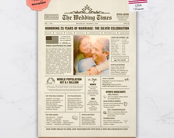 25th Wedding Newspaper Anniversary Poster: Personalized 2001 Highlights Gift (Digital Download)