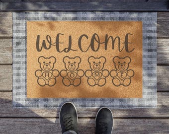 Felpudo de oso estilo cottagecore, acogedor felpudo de bienvenida con un adorable oso, alfombra de fibra de coco para puerta de entrada, decoración rústica de cabaña, regalo de granja, regalo de inauguración de la casa