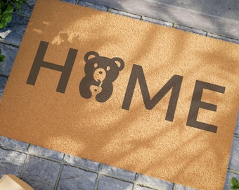 Cottagecore Bear Doormat, Cozy Welcome Mat with Bear and 'Home' Sign, Coir Front Door Rug, Cabin Decor, Farmhouse Gift, Housewarming Gift