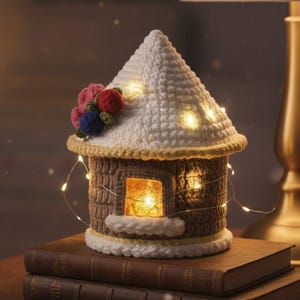 Puede incluir: Una lámpara con forma de casa tejida a ganchillo, con techo blanco y paredes marrones, adornada con flores coloridas. La lámpara emite un brillo cálido y está decorada con luces de hadas. Se encuentra sobre una pila de libros.