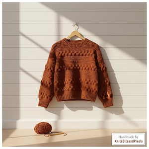 May include: A rust-colored, handmade crochet sweater with a crew neck and textured bobble stitch detailing. The sweater hangs on a wooden hanger against a white wall. A ball of yarn and a crochet hook rest on the floor.