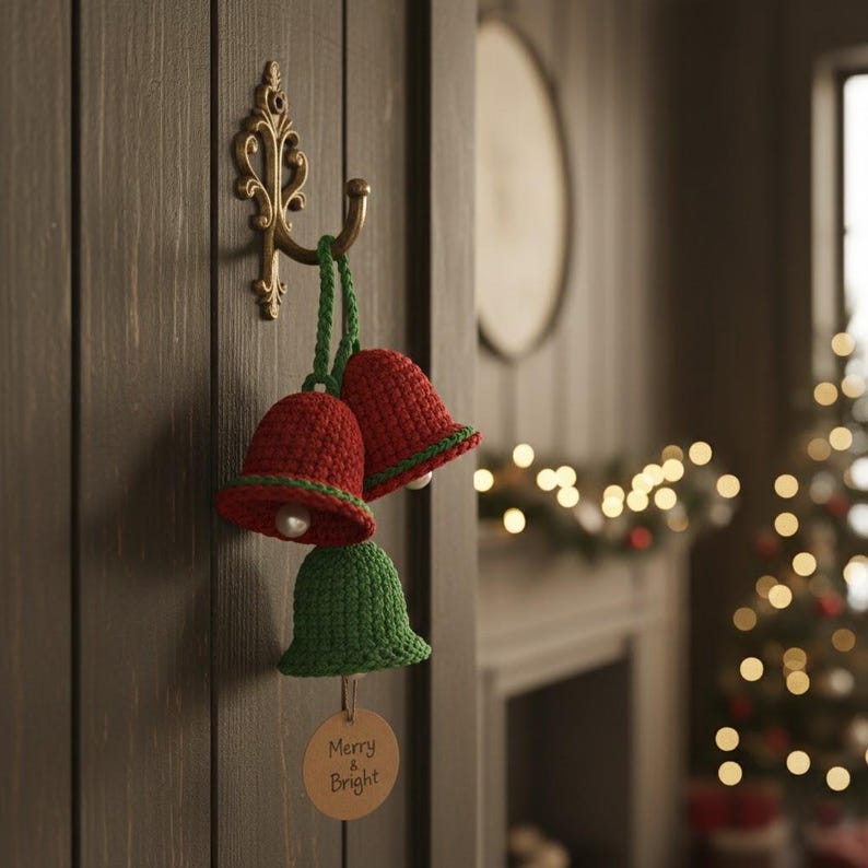 May include: Crocheted Christmas bells in red and green hang from a decorative brass hook. The bells have a pearl-like bead inside and are trimmed with green yarn. A tag that says "Merry & Bright" hangs from the bottom bell.
