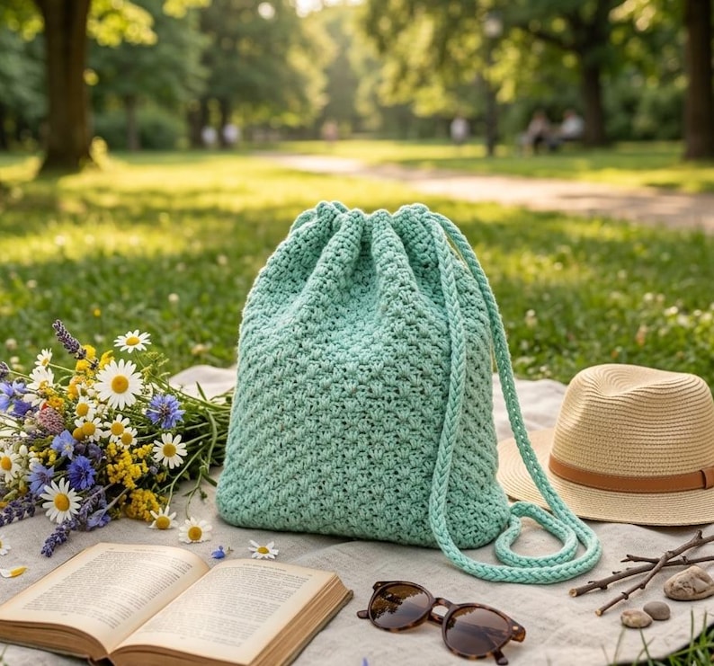 May include: A mint green crochet drawstring bag with a braided strap sits on a blanket with a straw hat, sunglasses, and an open book. A bouquet of wildflowers is next to the book. The scene is set in a park.