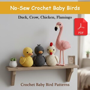 May include: A shelf displays four crocheted baby birds: a yellow duck, a gray crow, a white chicken, and a pink flamingo. The text "No-Sew Crochet Baby Birds" and "Crochet Baby Bird Patterns" are visible. A PDF icon is also present.