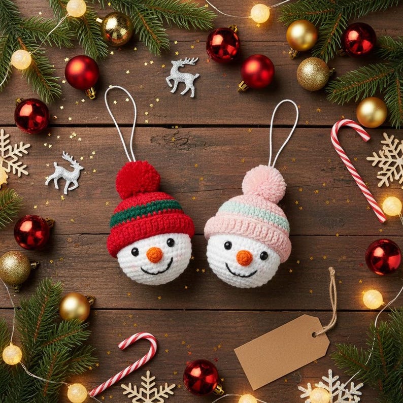 May include: Two handmade snowman ornaments with red and pink hats, smiling faces, and pom-poms. The ornaments are surrounded by Christmas decorations, including ornaments, pine branches, and lights, on a wooden surface.