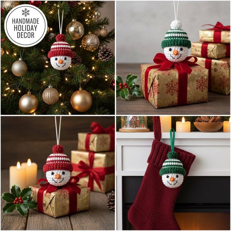 May include: A collage of handmade holiday decor featuring crocheted snowman ornaments. The snowmen have white faces, orange carrot noses, and are wearing red or green hats. Some ornaments hang on a Christmas tree, while others are displayed with wrapped gifts and a stocking.