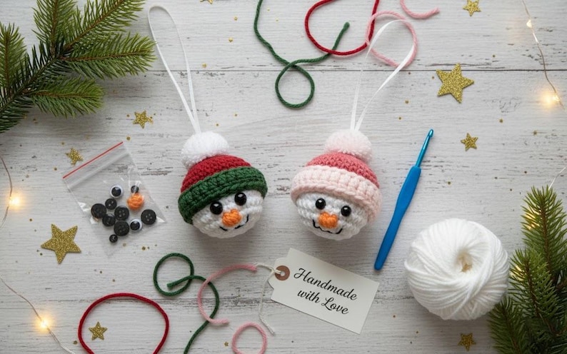 May include: Two handmade crochet snowman ornaments with red, green, and pink hats, white pom-poms, and orange carrot noses. The scene includes craft supplies like yarn, a crochet hook, and a tag that says "Handmade with Love."