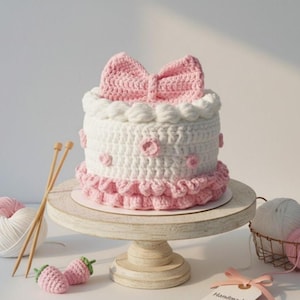 May include: A handcrafted crochet cake, featuring a large pink bow. The white cake is adorned with pink details, including a scalloped base and floral accents. It rests on a wooden cake stand, with yarn and needles. Two crochet strawberries are in front.