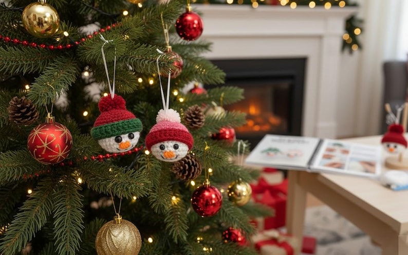 May include: A decorated Christmas tree with ornaments, including red and gold baubles, pine cones, and crocheted snowman decorations. The snowman ornaments have red and green hats. A fireplace and a book are in the background.