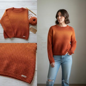 Puede incluir: Un suéter degradado naranja y marrón con un patrón de punto texturizado. El suéter tiene cuello redondo y mangas largas. Un primer plano muestra el detalle del punto y una pequeña etiqueta. Una mujer lleva el suéter con vaqueros.