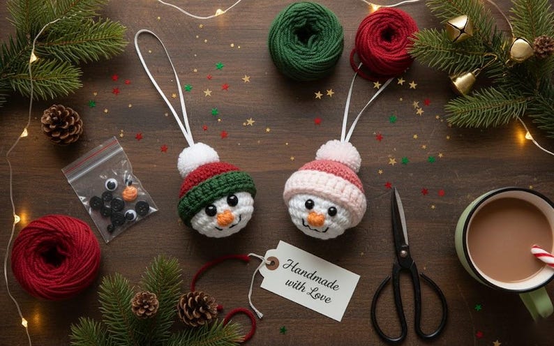May include: Two handmade crochet snowman ornaments with red, green, and white hats, and black button eyes. The scene includes yarn, scissors, a mug of cocoa, and a tag that says "Handmade with Love."