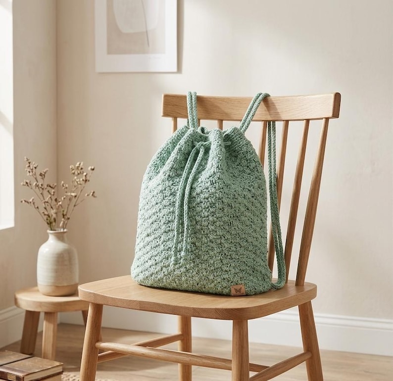 May include: A light green, hand-crocheted drawstring backpack with matching drawstrings and straps. The bag is sitting on a wooden chair. The bag has a textured appearance and a small, brown leather tag.