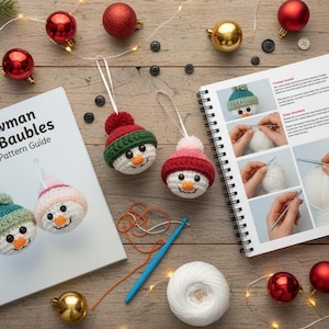 May include: A festive scene featuring crochet snowman head baubles with red, green, and pink hats. A pattern guide titled "Snowman Head Baubles Crochet Pattern Guide" is open, showing step-by-step instructions. Christmas ornaments and crafting supplies complete the holiday theme.