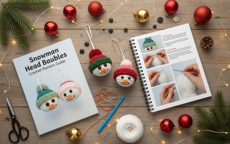 May include: A festive scene featuring crochet snowman head baubles with red, green, and pink hats. A pattern guide titled "Snowman Head Baubles Crochet Pattern Guide" is open, showing step-by-step instructions. Christmas ornaments and crafting supplies complete the holiday theme.