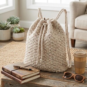 May include: A beige, hand-knitted drawstring backpack with rope straps sits on a wooden table. Beside it are wooden sunglasses, a reusable coffee cup, and two leather-bound journals with a pen. The bag is next to a neutral-toned armchair.