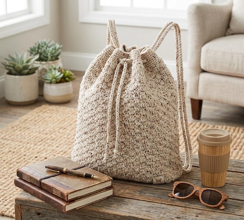 May include: A beige, hand-knitted drawstring backpack with rope straps sits on a wooden table. Beside it are wooden sunglasses, a reusable coffee cup, and two leather-bound journals with a pen. The bag is next to a neutral-toned armchair.