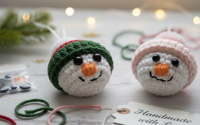 May include: Two crocheted snowman ornaments. One snowman wears a green and red hat, the other a pink hat. Both have black eyes, orange carrot noses, and stitched smiles. White yarn and a tag that says "Handmade with Love" are also visible.
