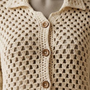 Puede incluir: Cárdigan de crochet color crema con cuello y botones de madera. El diseño calado del cárdigan crea una apariencia texturizada y aireada. Los botones son de color marrón cálido, lo que contrasta con el color crema más claro del cárdigan.