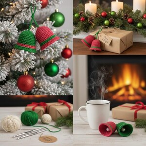 May include: A festive collage featuring crocheted Christmas bells in red and green, displayed on a snowy tree, near wrapped gifts, and with a steaming mug. The bells are adorned with red and green stripes. The scene evokes a cozy holiday atmosphere.