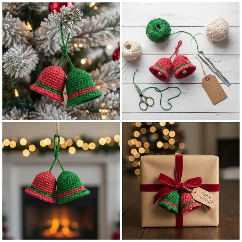 May include: A collection of crochet Christmas bell ornaments in red and green. The ornaments are displayed on a Christmas tree, with yarn, and as gift decor. The bells have a red base and green top with a red stripe. The gift tag says "Merry & Bright."