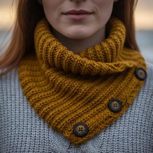 Può includere: Scaldacollo lavorato a maglia giallo senape con tre bottoni in legno marrone scuro. Lo scaldacollo è realizzato con un filato spesso e strutturato ed è progettato per essere indossato intorno al collo per calore e stile. I bottoni aggiungono un tocco decorativo.