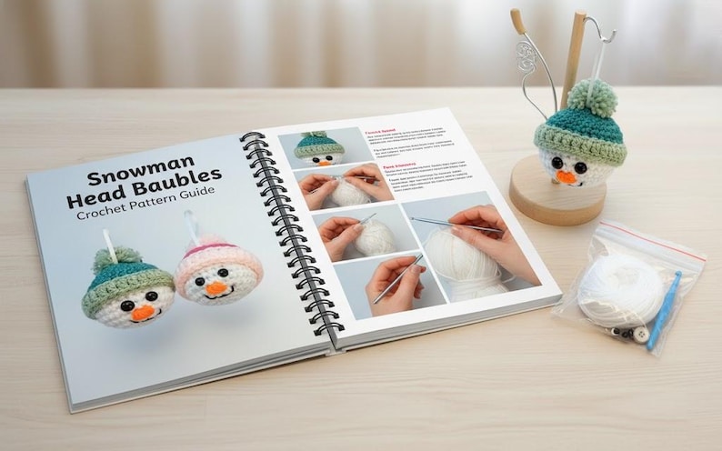 May include: An open spiral-bound book titled "Snowman Head Baubles Crochet Pattern Guide" with images of crochet snowmen. A finished snowman bauble with a green and blue hat sits on a wooden stand. A small bag of white yarn and crochet tools are also present.