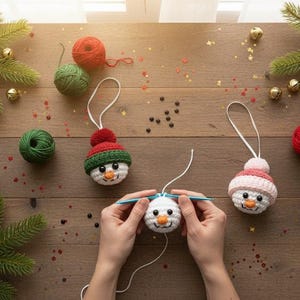 May include: Overhead shot of a wooden table with Christmas decorations. Includes crocheted snowman ornaments, yarn balls, a mug of hot chocolate, and pine branches. A pair of hands is crocheting a snowman ornament with a crochet hook.