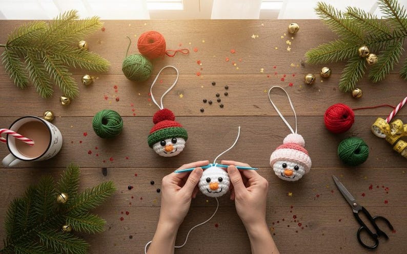 May include: Overhead shot of a wooden table with Christmas decorations. Includes crocheted snowman ornaments, yarn balls, a mug of hot chocolate, and pine branches. A pair of hands is crocheting a snowman ornament with a crochet hook.
