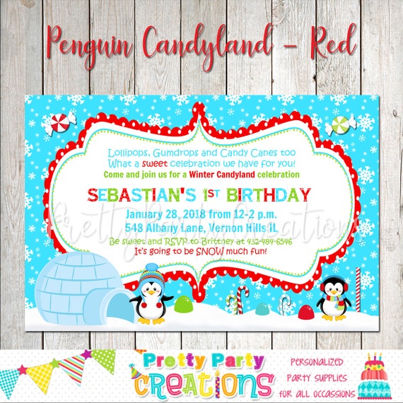 PENGUIN CANDYLAND invitation - RED - you print Il_570xn