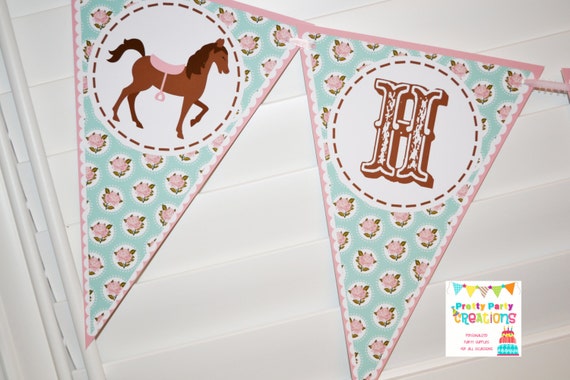 SHABBY CHIC HORSE pennant banner in Pink and Teal - You Print Il_570xn